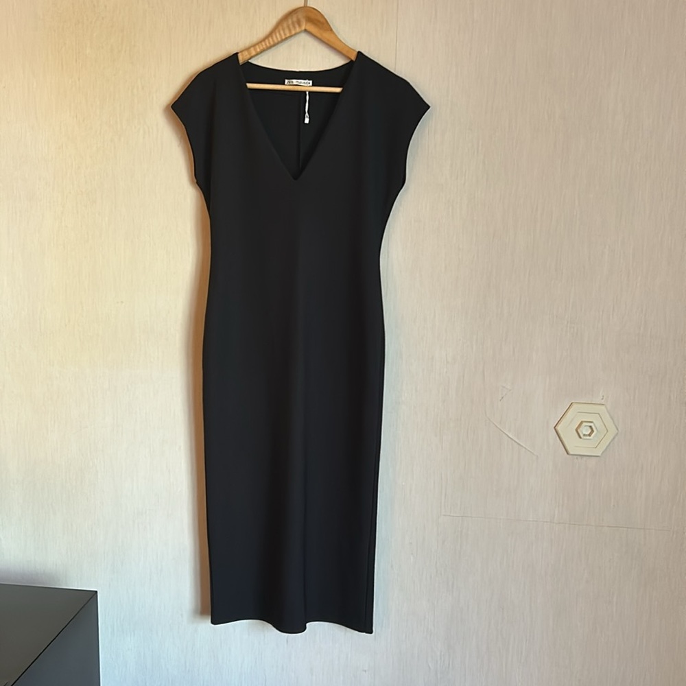 Zara Black Midi Dress with V-Neck size Large - Picture 6 of 6